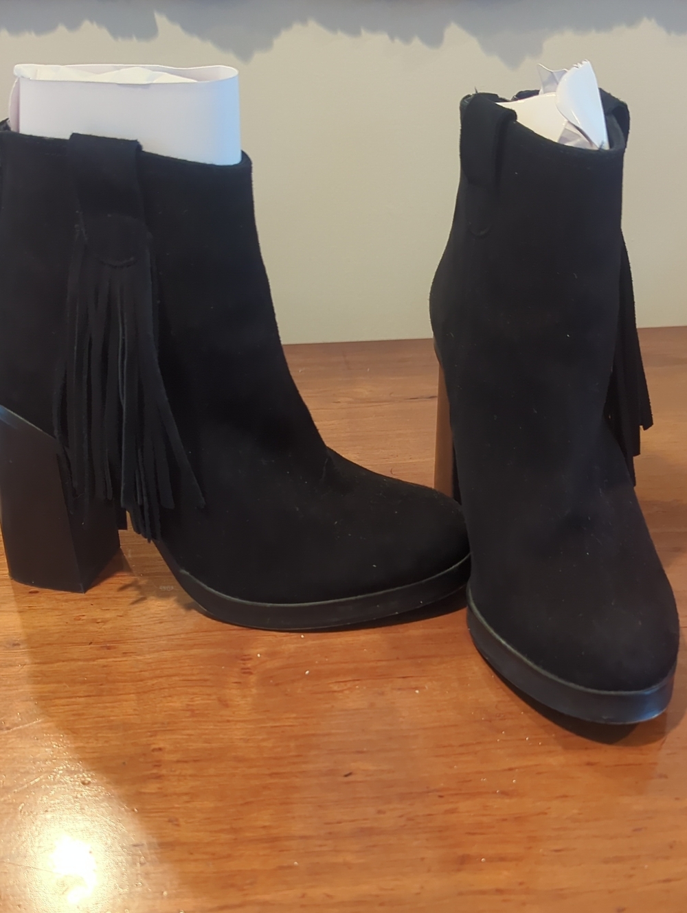 Classic Black Suede Fringe Ankle Booties - Chic Block 4" Heel
